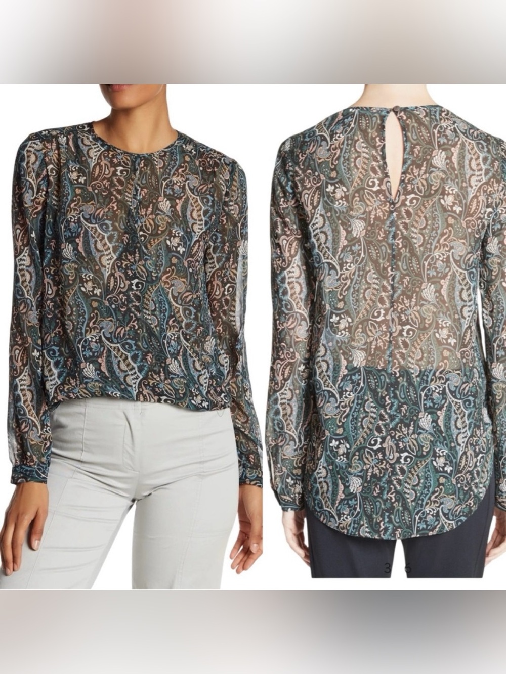 Veronica Beard 2 Gayle Surplice Wrap Blouse Paisley Silk Sheer Long Sleeve
